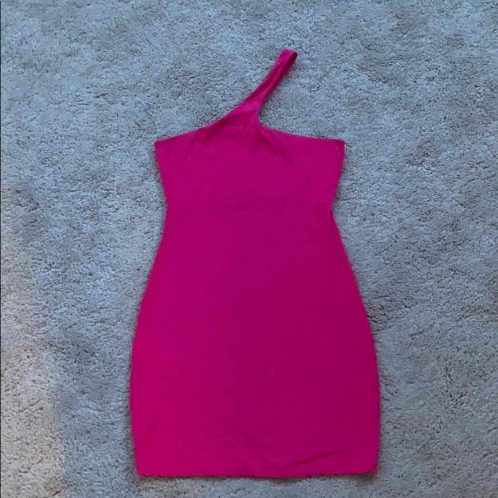 Curved One Shoulder Dress in Punch Pink